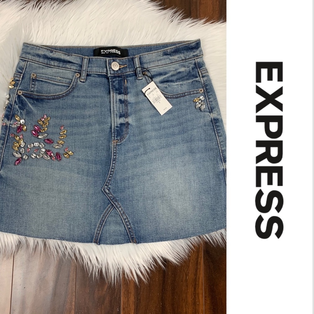 Express Denim Rhinestones Mini Skirt